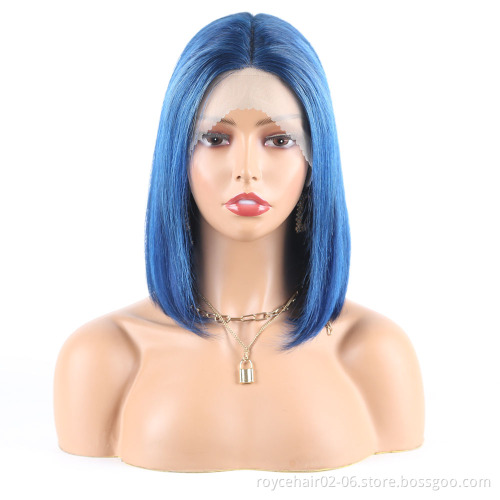 Dark Blue Color Highlight Lace Front Wig,Cheap Human Hair Blue Hair Wigs, Colored Piano Bule Two Tone Lace Bob Wigs